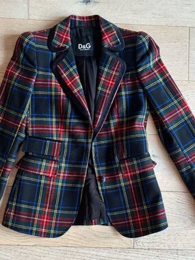 D&G Women's Plaid Blazer Jacket - Red, Black & Blue Tartan